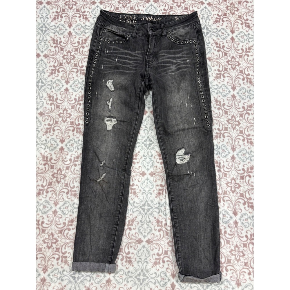 Vintage Reunion Rewash Distressed Grommet Skinny Jeans Black Gray Size 5 27